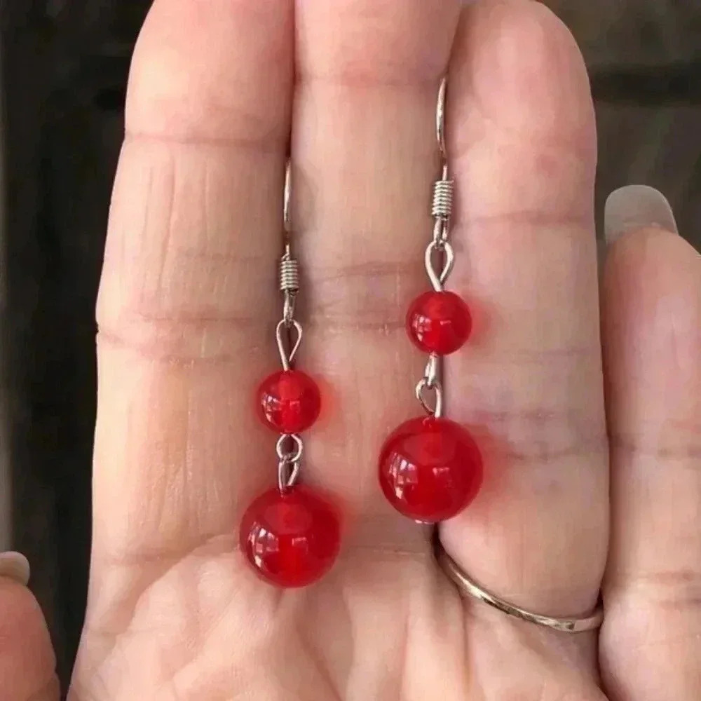 Red Tourmaline 10mm & 6mm Double Bead Silver Drop Earrings NWT